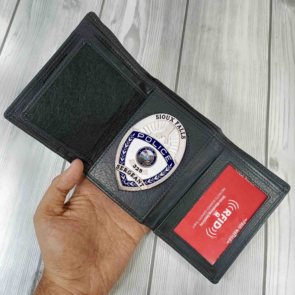 Leather Badge Holder, Law Enforcement, Security Style Trifold Badge Wallet